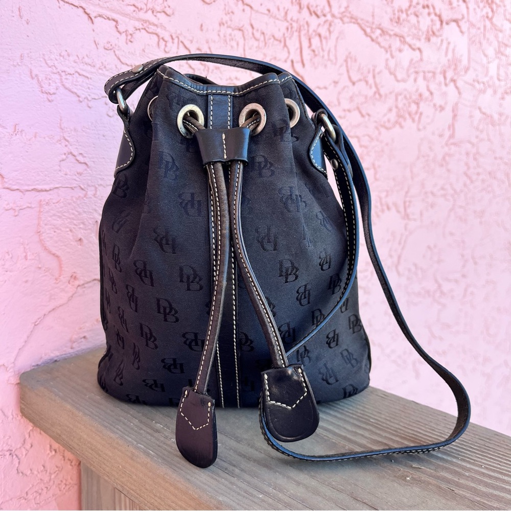 Vintage Dooney & Bourke Drawstring Handbag Monogram Black Mini Bucket Bag Flaw